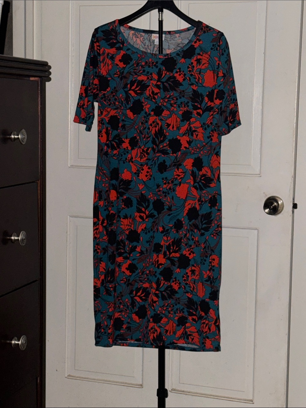 LuLaRoe Teal, Red & Black Floral Midi Dress